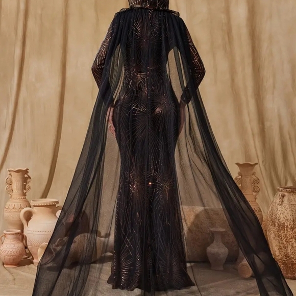 Black Sequin Embellished Gown with Bishop Sleeves - Picture 13 of 16